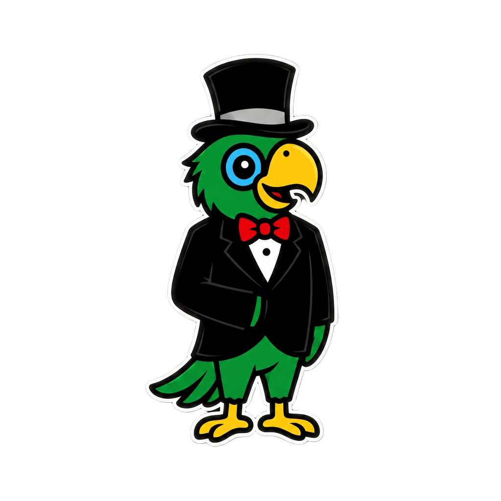 Polly the parrot mascot in a top hat and tuxedo
